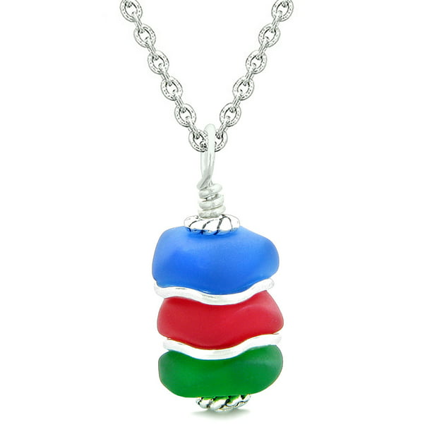 Sea Glass ICY Frosted Waves Ocean Aqua Blue Royal Red Positive Powers Amulet Pendant 22 Inch Necklace 